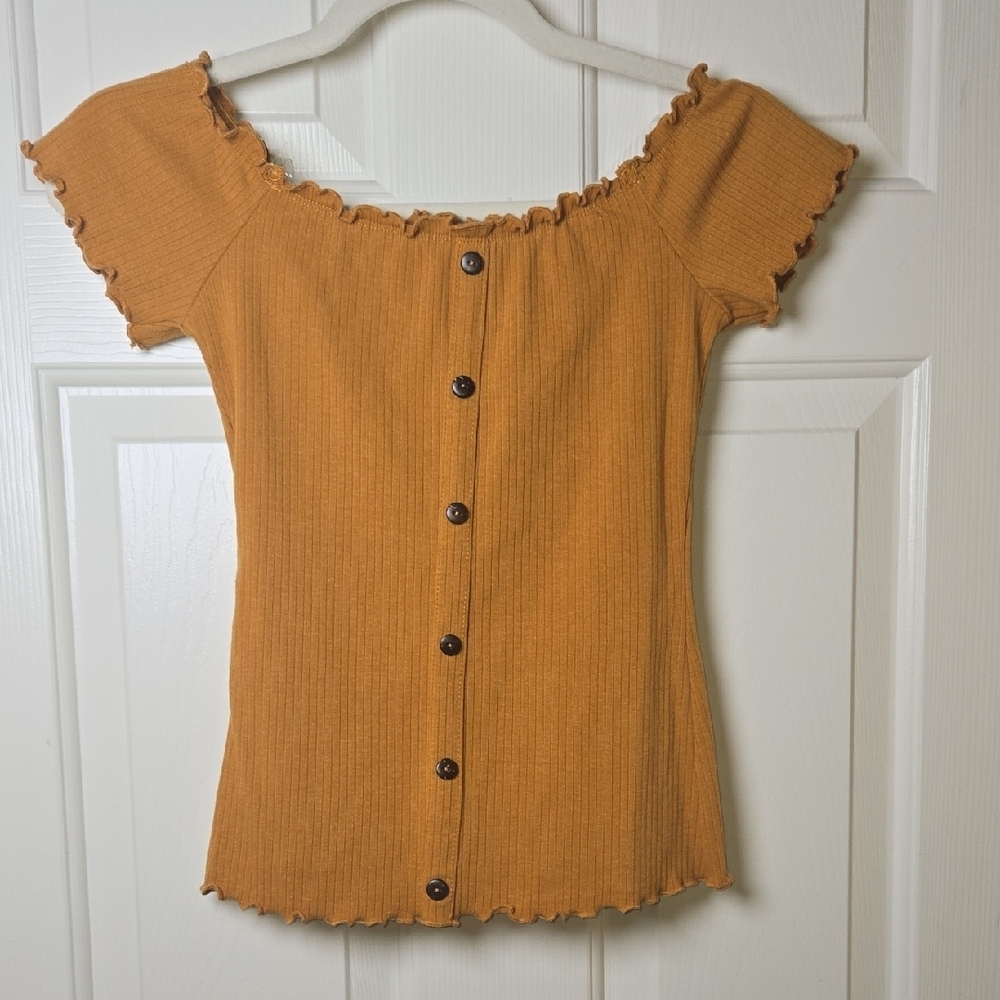 Bozzolo NWT Mustard Ruffle Trim Short Sleeve TOP Y2K RUSTIC BOHO KAWAII PREPPY - Picture 4 of 8